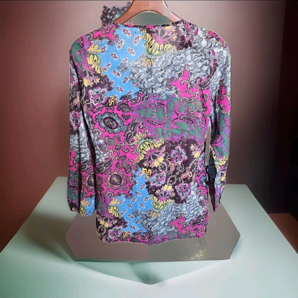 Lucky Brand XS Boho Paisley Floral Cotton Peasant Top Pink Blue - Picture 5 of 13